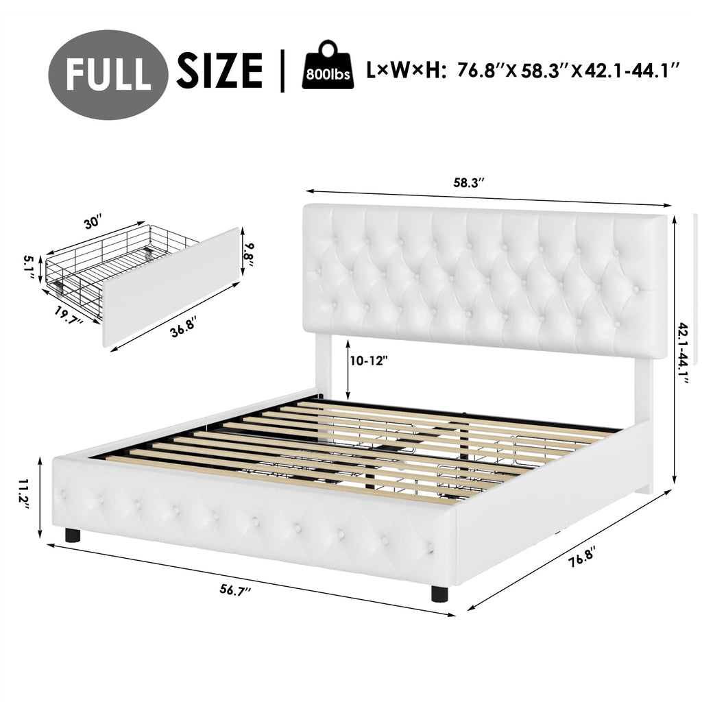 Full Size White Faux Leather Upholstered Platform Bed Frame with 4 Storage Drawers M4268