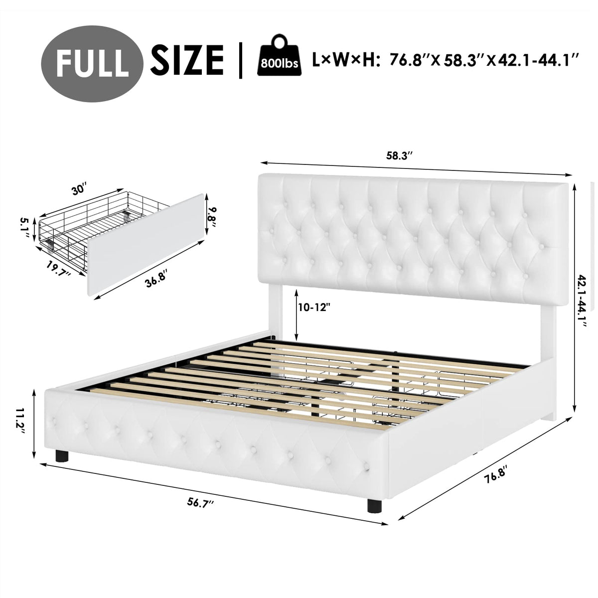 Full Size White Faux Leather Upholstered Platform Bed Frame with 4 Storage Drawers M4268