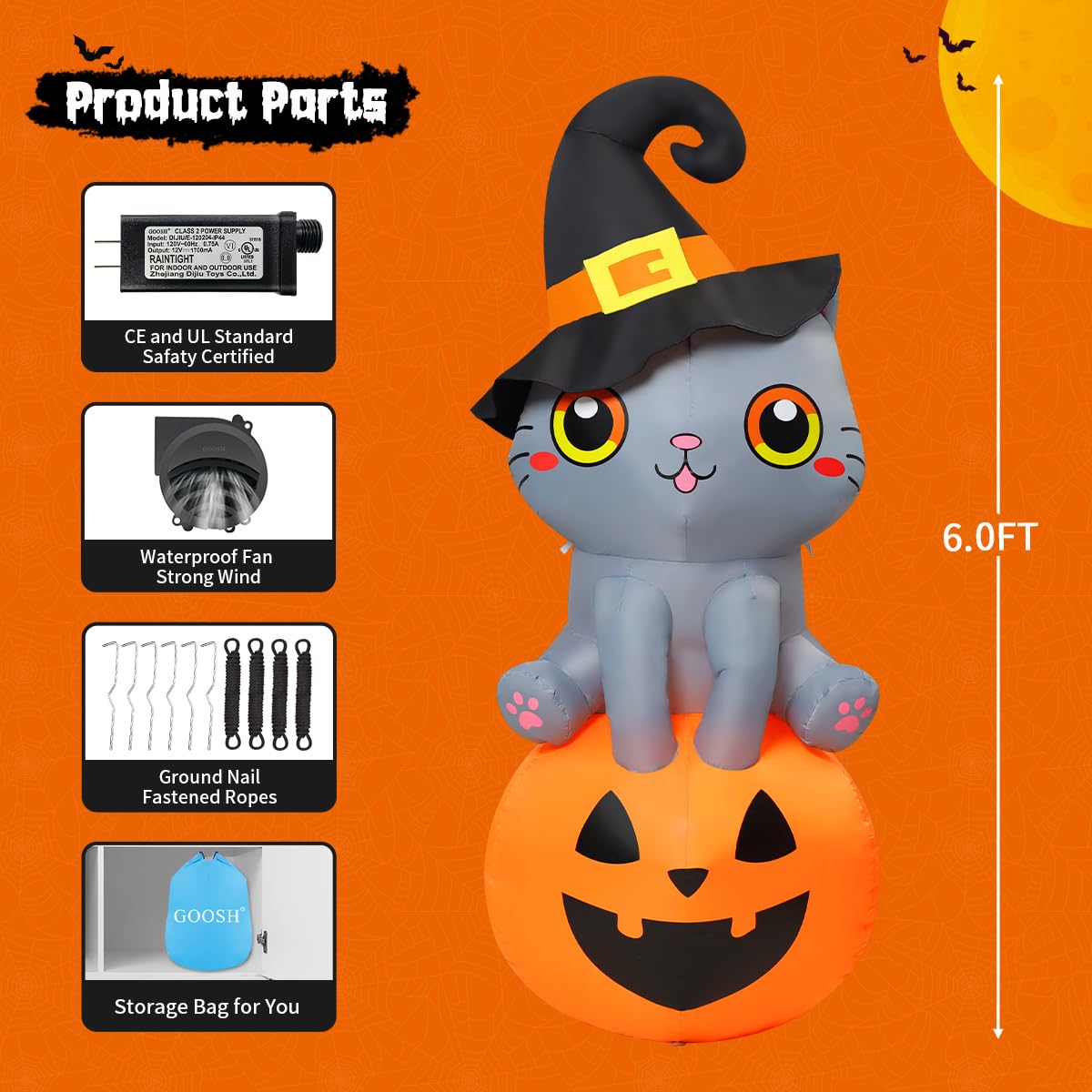 6 FT Halloween Inflatables Cat with Built-in LEDs R381680