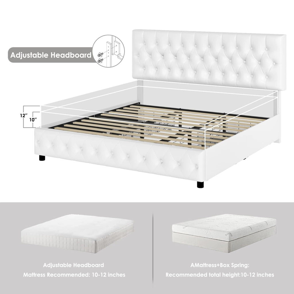 Full Size White Faux Leather Upholstered Platform Bed Frame with 4 Storage Drawers M4268