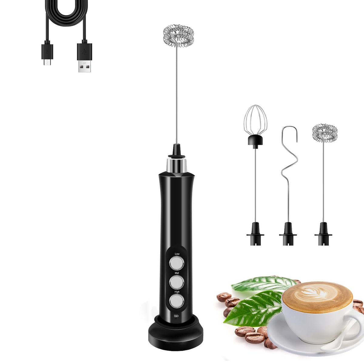 Rechargeable Handheld Milk Frother with 3 Stainless Steel Whisks Q96199