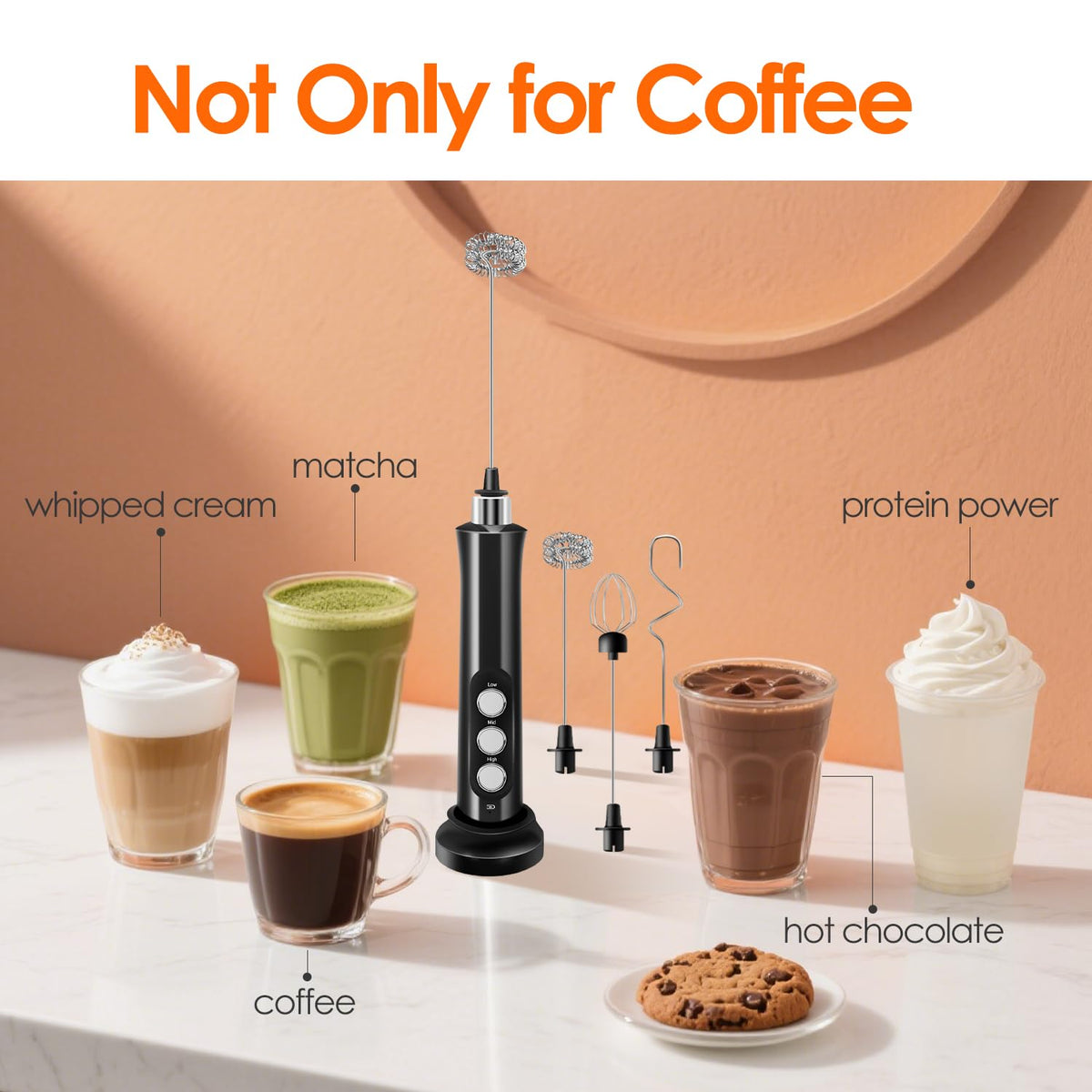 Rechargeable Handheld Milk Frother with 3 Stainless Steel Whisks Q96199