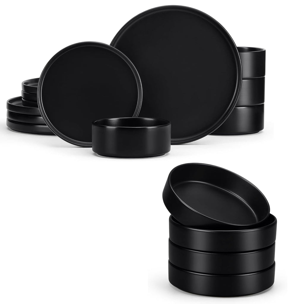 Stoneware Dinnerware Set, 12-Piece Plates and Bowls, Set of 4, Matte Black N943