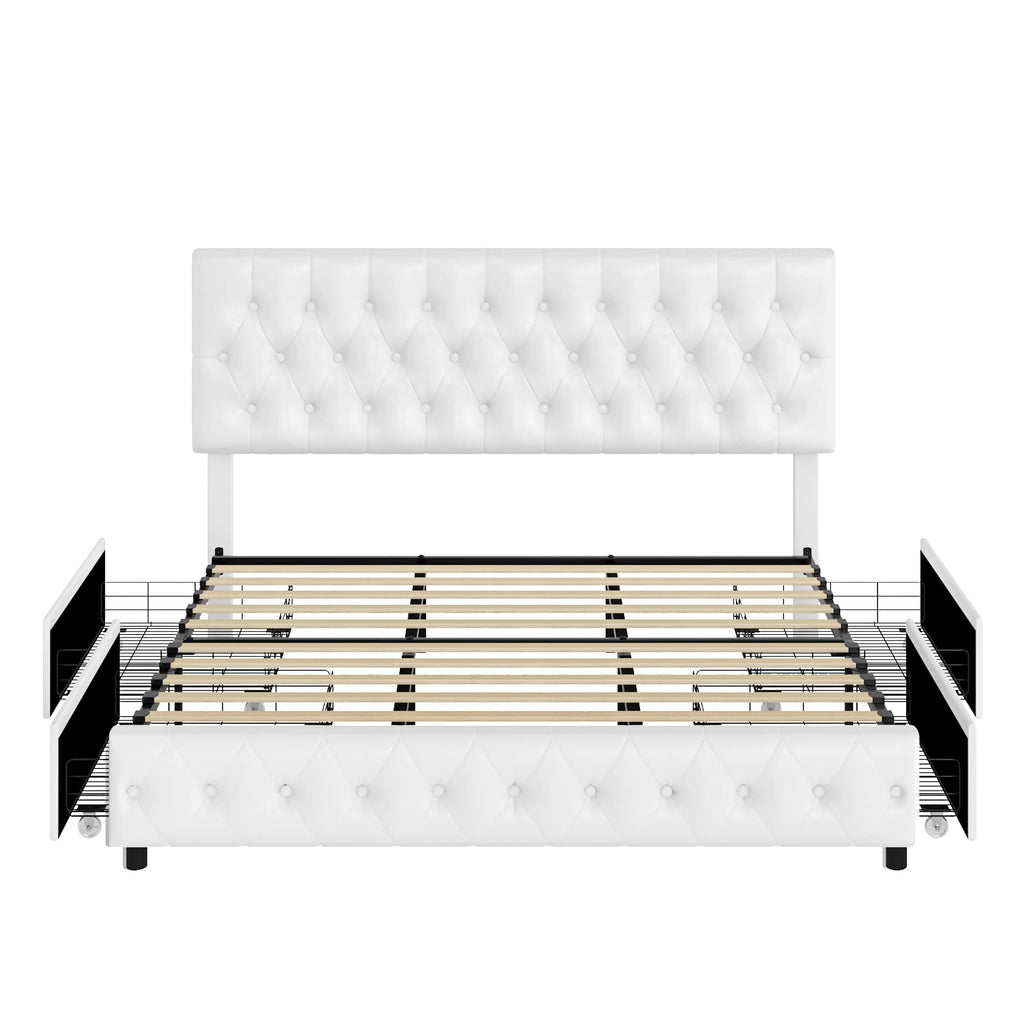 Full Size White Faux Leather Upholstered Platform Bed Frame with 4 Storage Drawers M4268