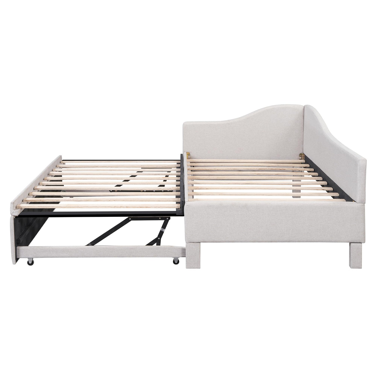 Beige Linen Upholstered Twin Size L-Shaped Daybed with Pop Up Trundle I61256