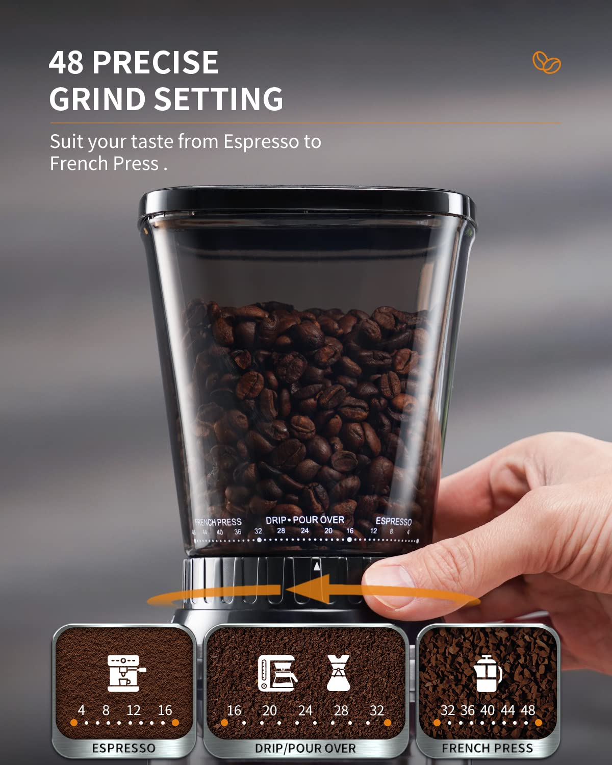 Conical Burr Coffee Bean Grinder, 48 Settings, Silver X480559