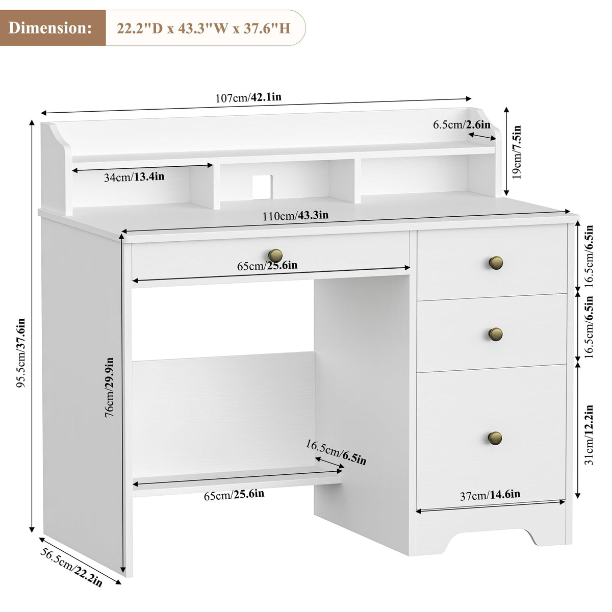 White Computer Desk with Drawers and Hutch Shelf Y561