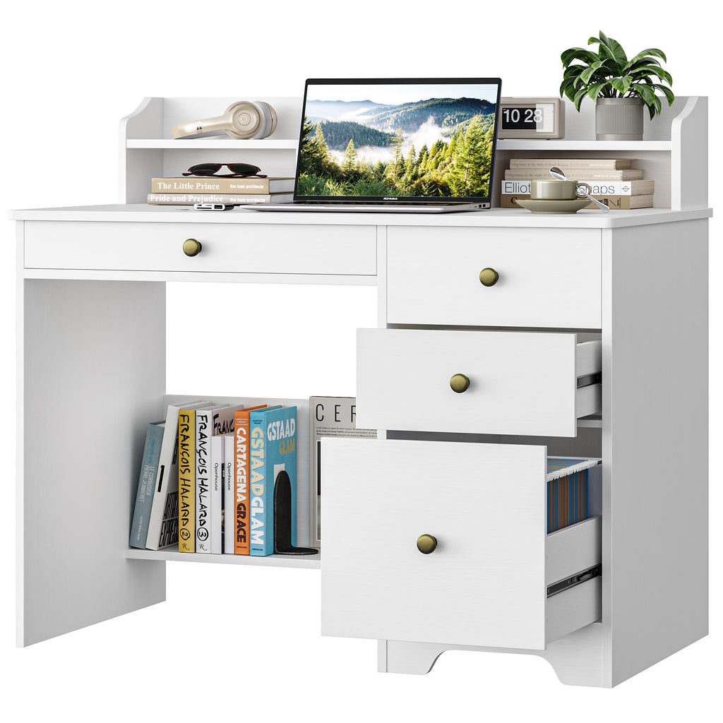 White Computer Desk with Drawers and Hutch Shelf Y561