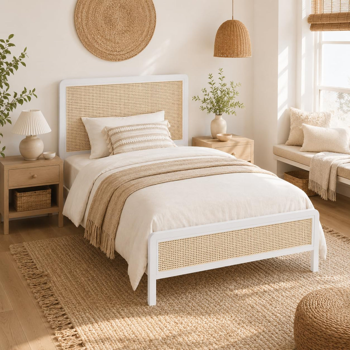 White Rattan Twin Bed Frame with Headboard L35811