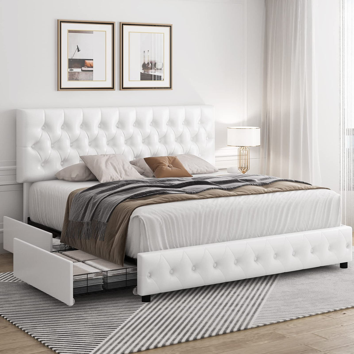 Full Size White Faux Leather Upholstered Platform Bed Frame with 4 Storage Drawers M4268