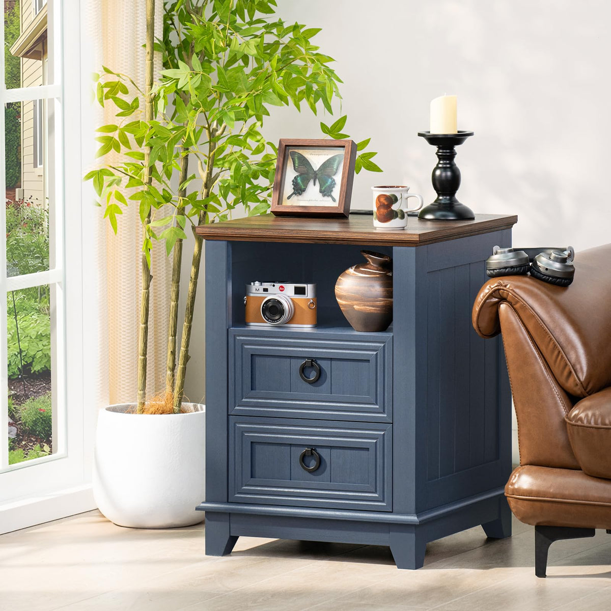 18" Blue Wooden Nightstand Set of 2 with Charging Station A16955