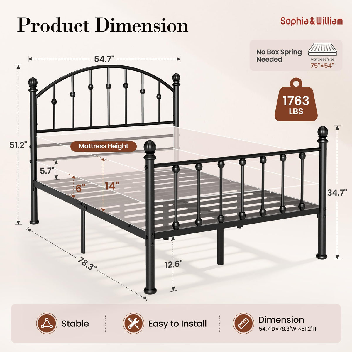 Full Size Metal Bed Frame with Tall Headboard F459