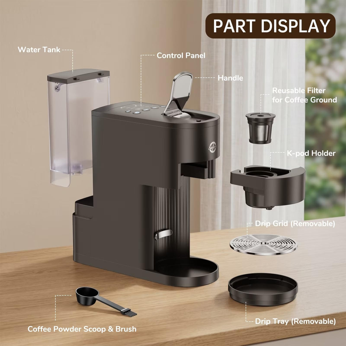 Single Serve Coffee Maker with K Cup Capsules & Grounds, Black Z441