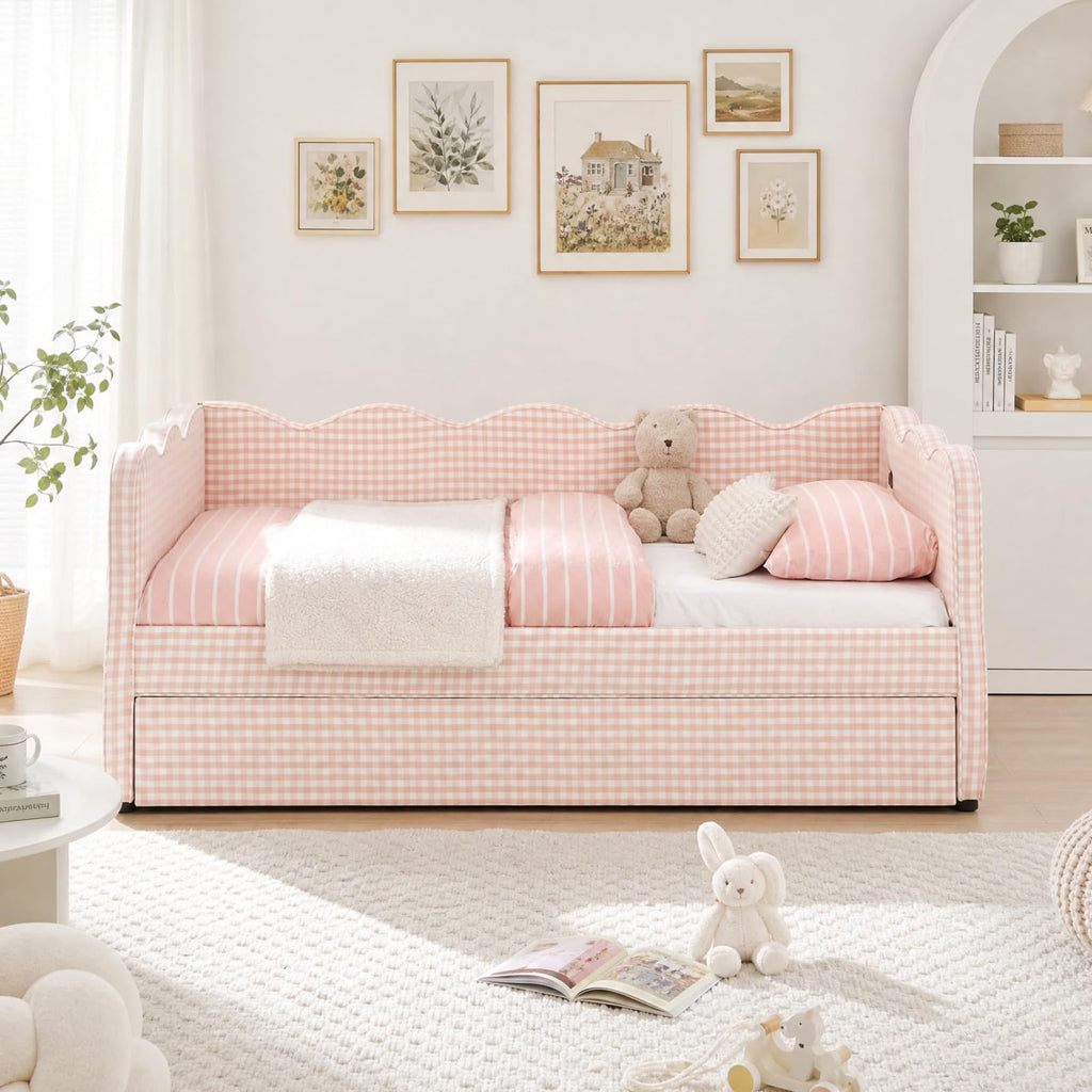 Pink Twin Size Linen Upholstered Daybed with Trundle A4186