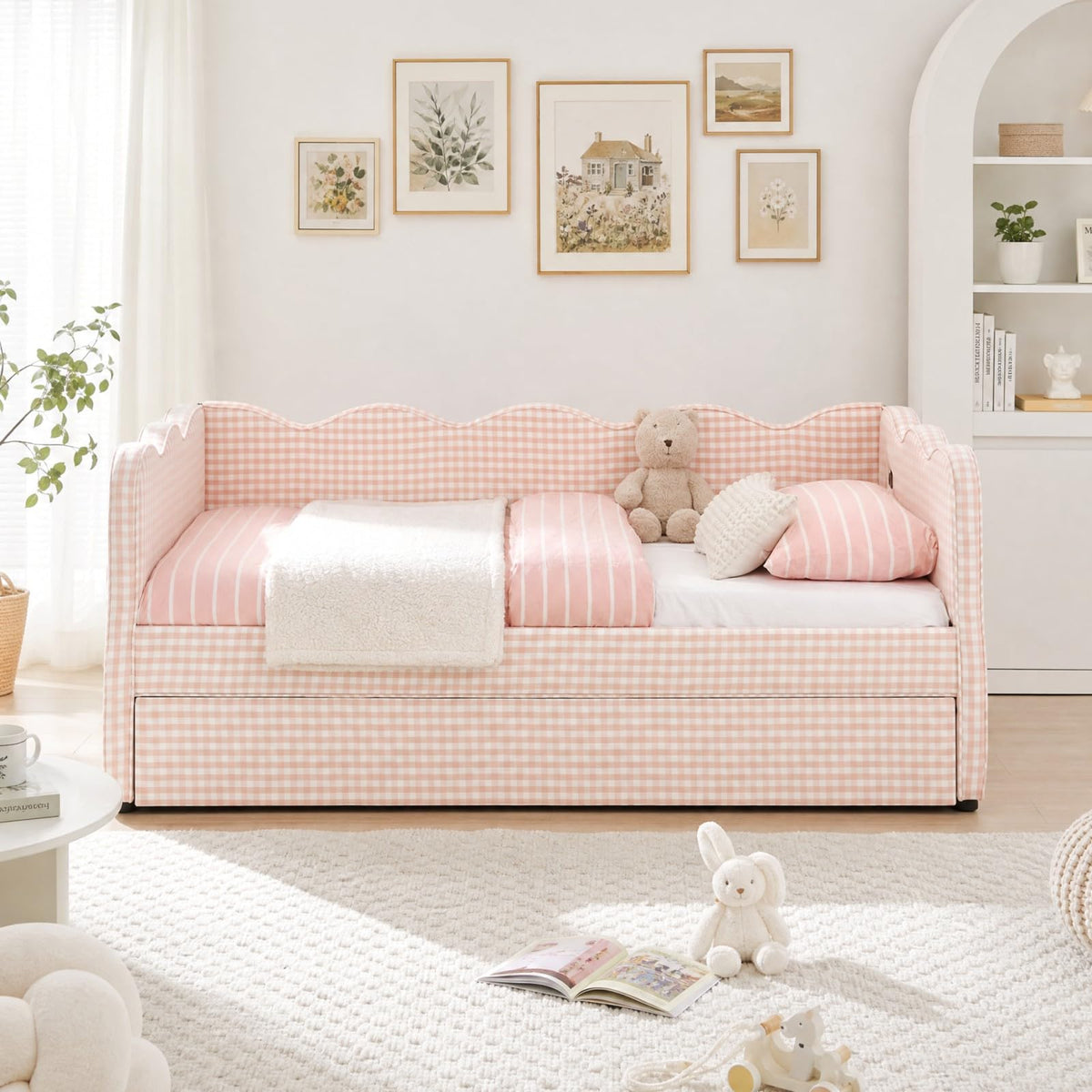 Pink Twin Size Linen Upholstered Daybed with Trundle A4186