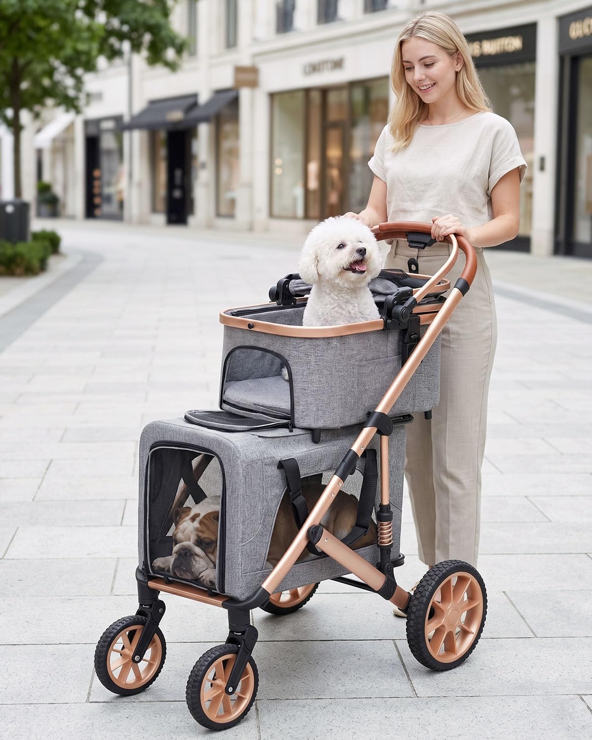 Double Pet Stroller with 2 Detachable Carriers P393623