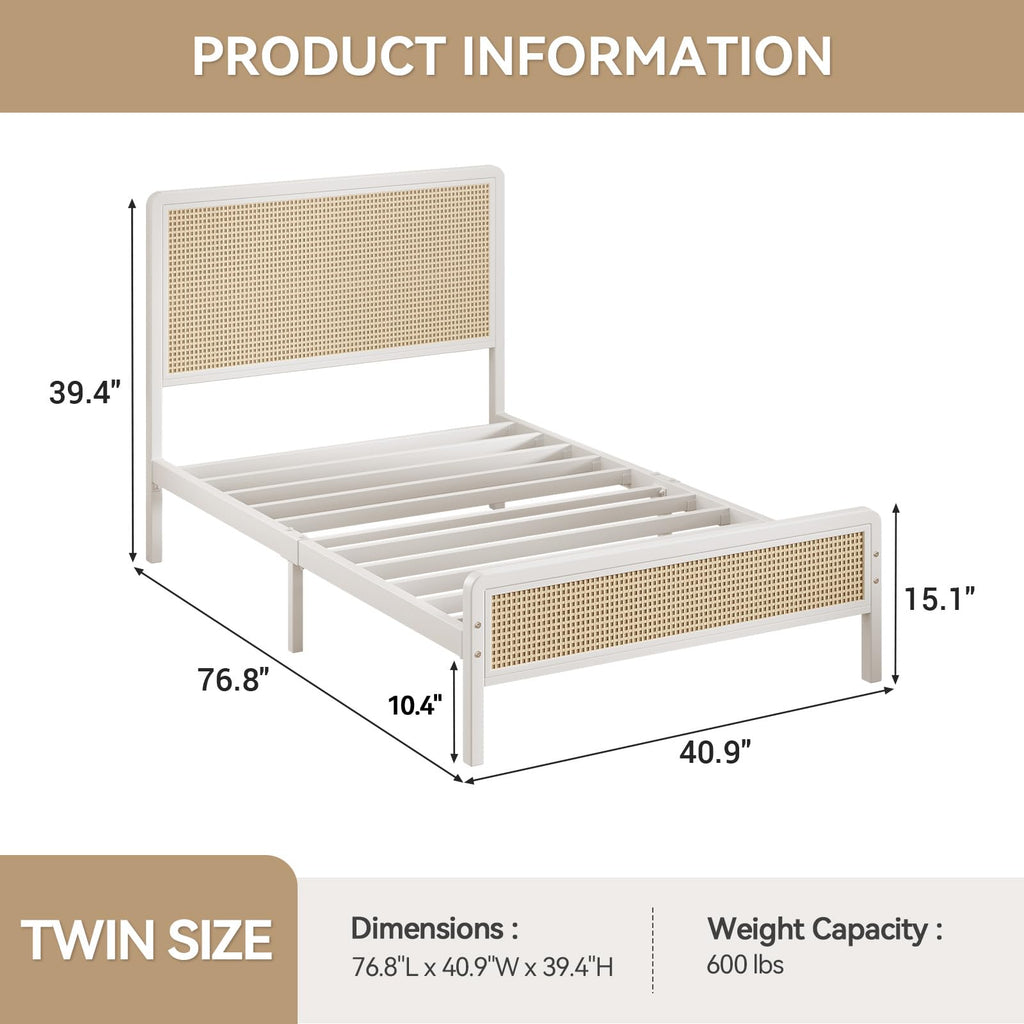 White Rattan Twin Bed Frame with Headboard L35811