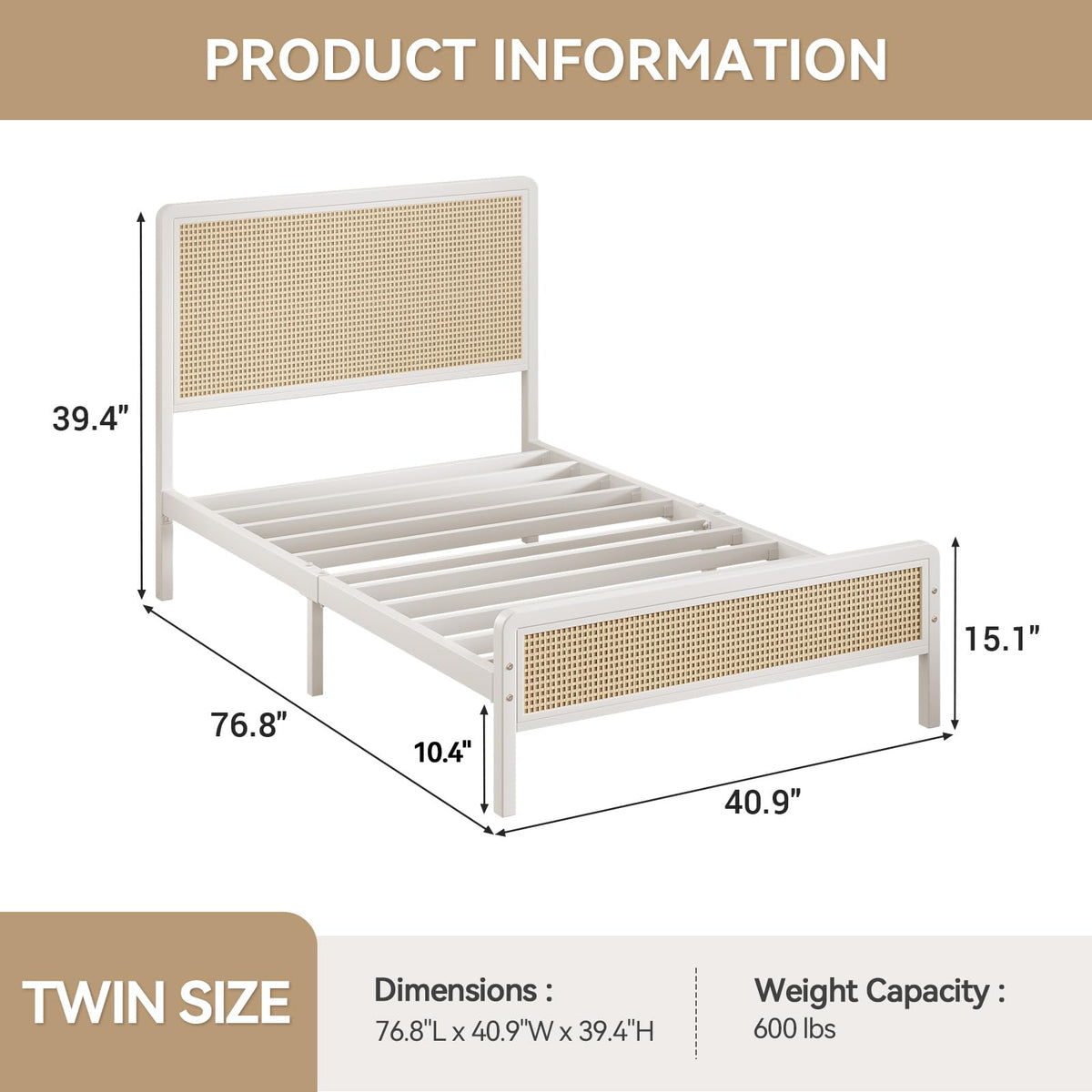 White Rattan Twin Bed Frame with Headboard L35811