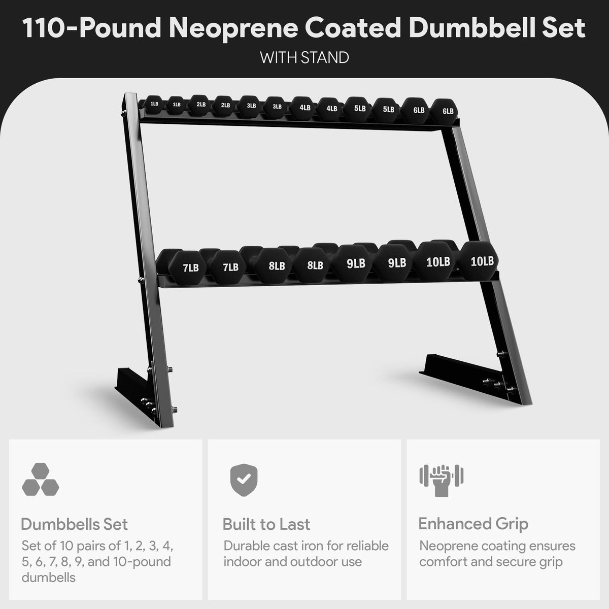 Neoprene Coated Iron Dumbbell Set with Stand X885879