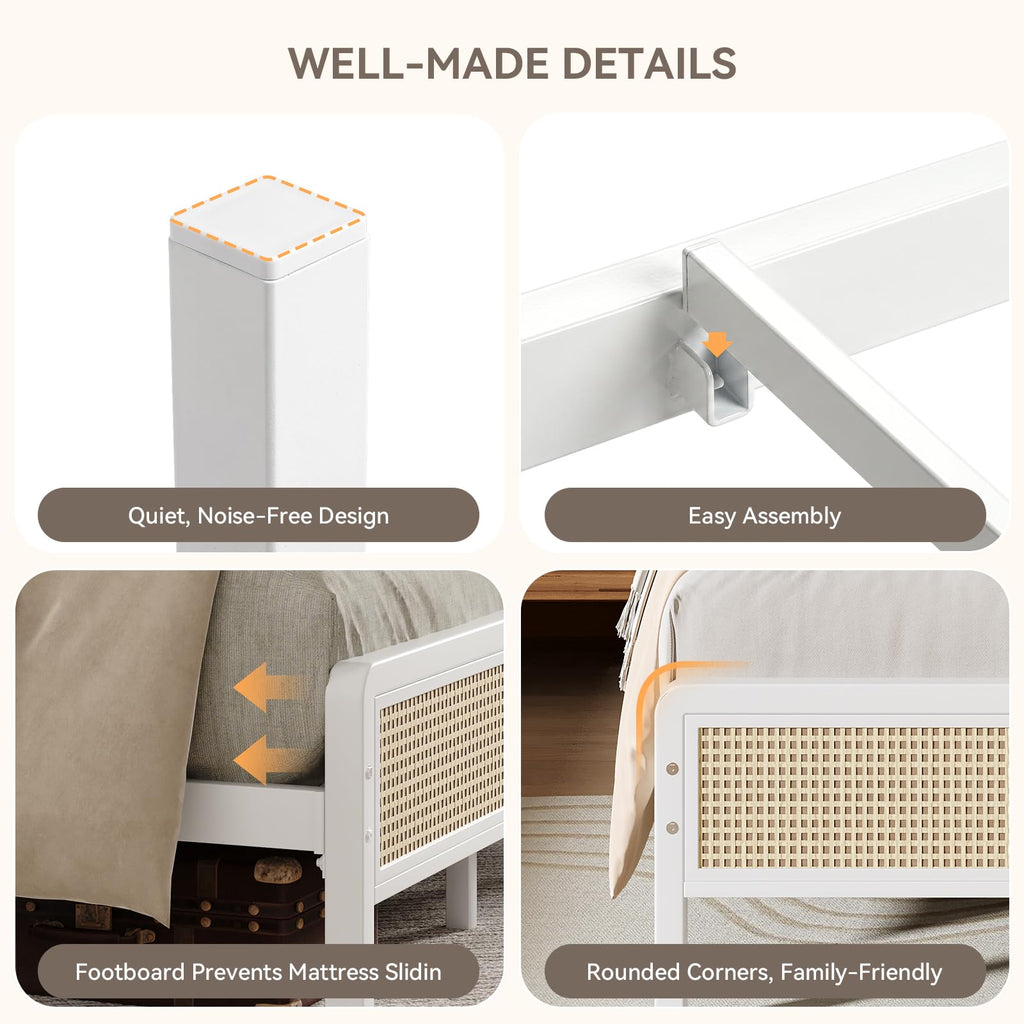 White Rattan Twin Bed Frame with Headboard L35811