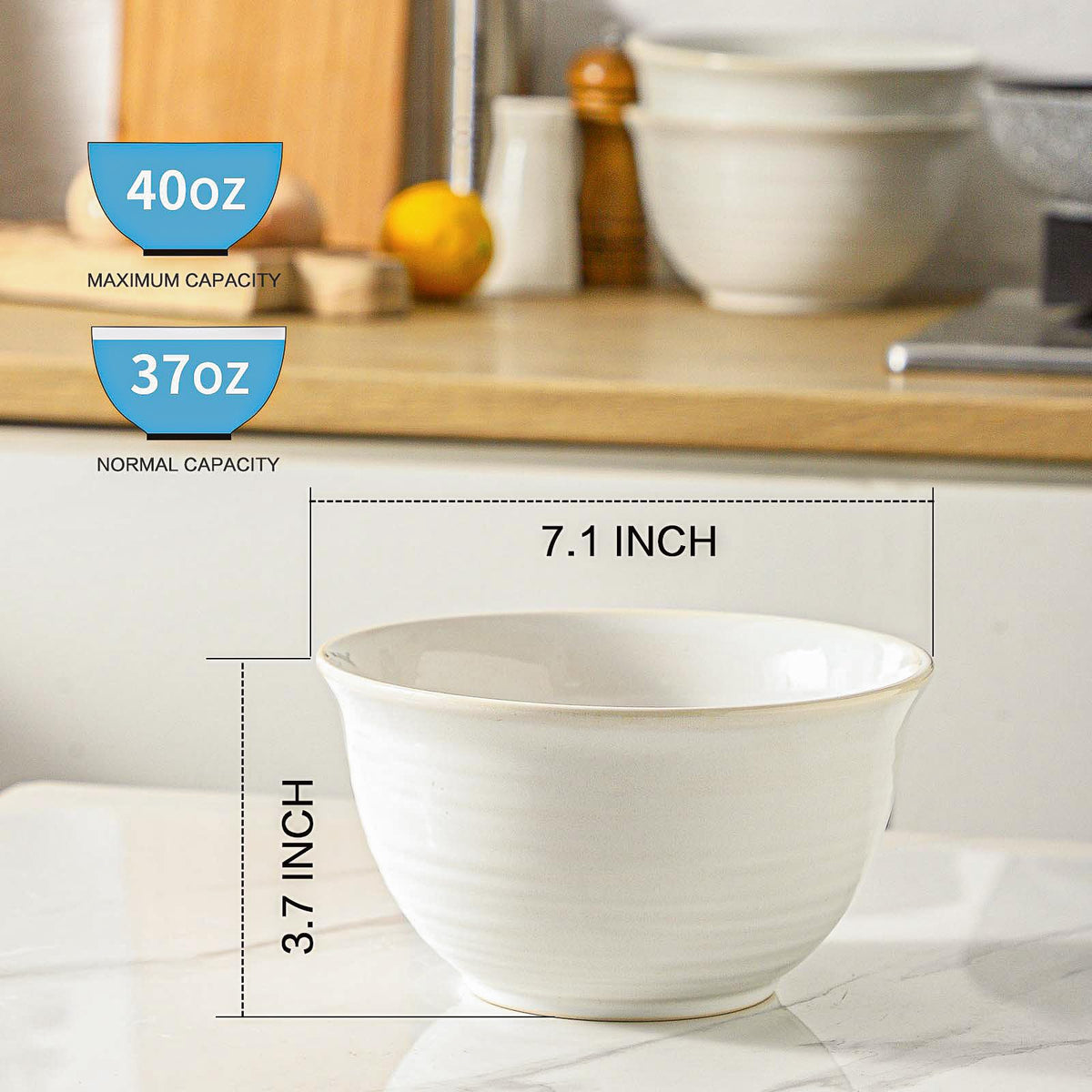 40 Ounce Deep Ceramic Soup Bowls, Microwave Safe & Dishwasher Safe, Creamy White G6781