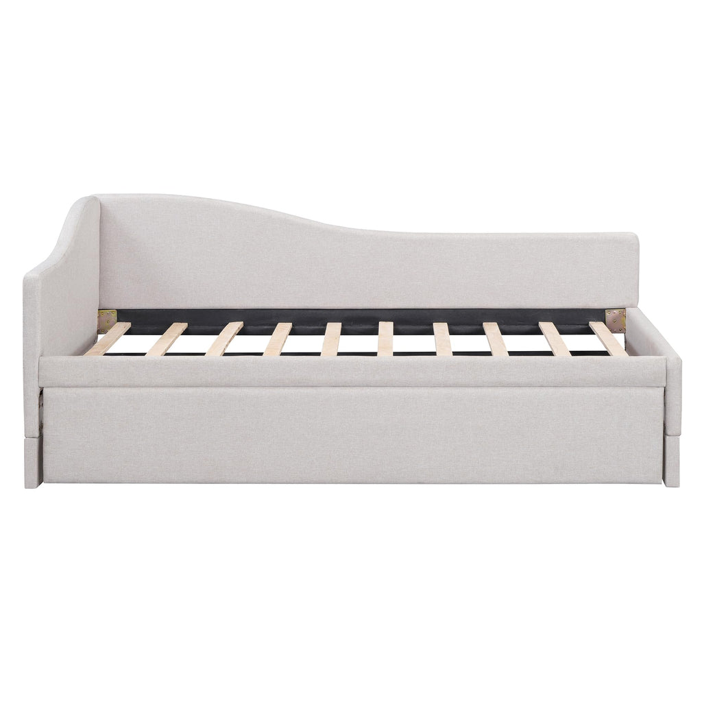Beige Linen Upholstered Twin Size L-Shaped Daybed with Pop Up Trundle I61256