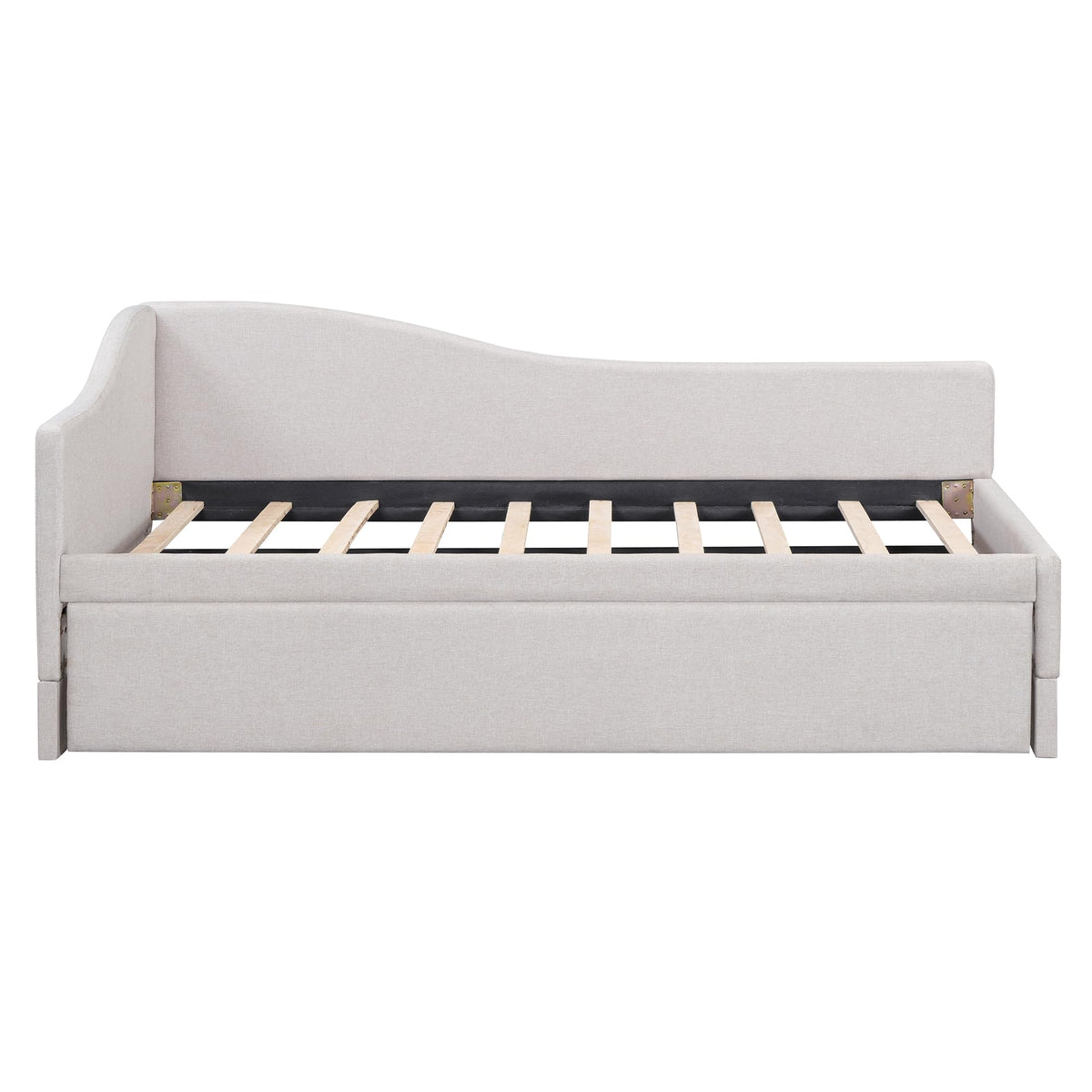 Beige Linen Upholstered Twin Size L-Shaped Daybed with Pop Up Trundle I61256