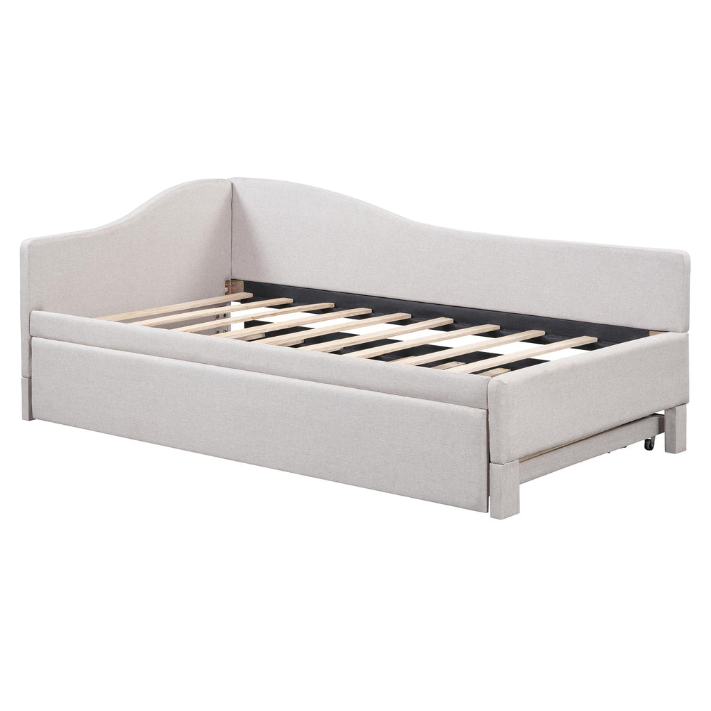 Beige Linen Upholstered Twin Size L-Shaped Daybed with Pop Up Trundle I61256