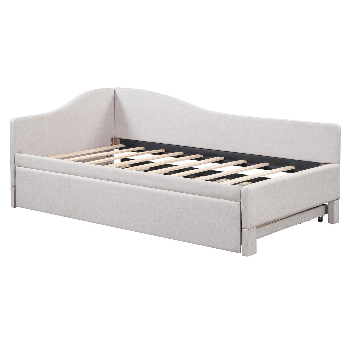 Beige Linen Upholstered Twin Size L-Shaped Daybed with Pop Up Trundle I61256