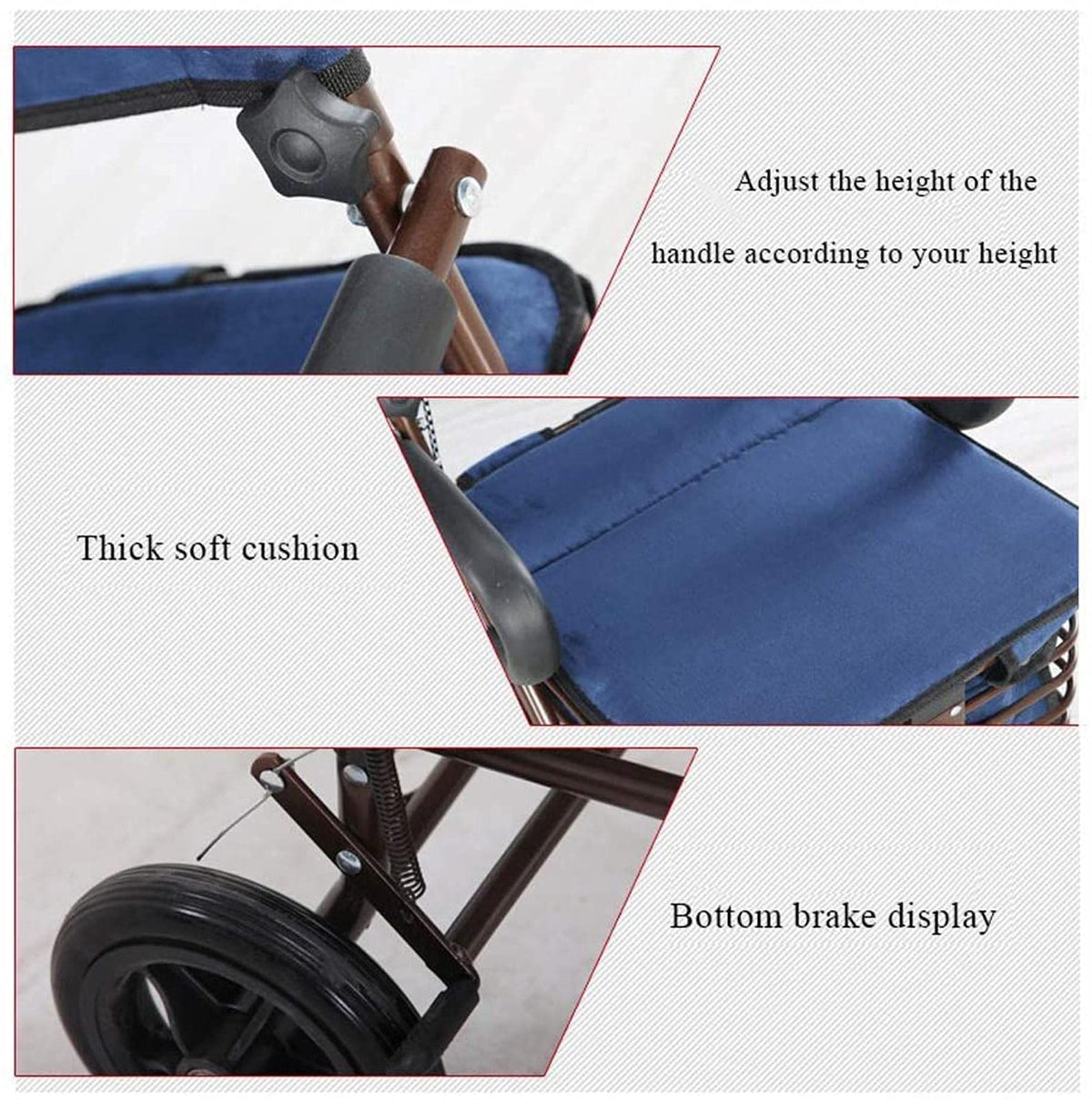 Rollator Walker Shopping Trolley with Seat Pedal Side Brake Red W3923