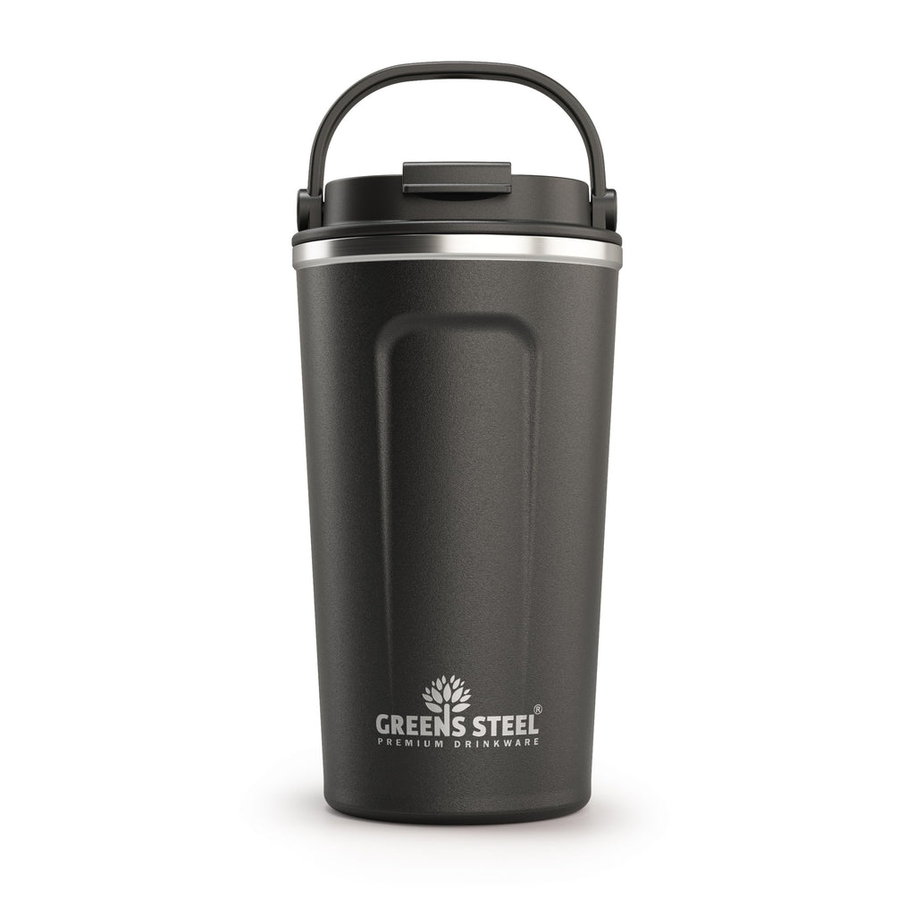16 oz Black Stainless Steel Insulated Coffee Cup with Lid and Handle Q808447