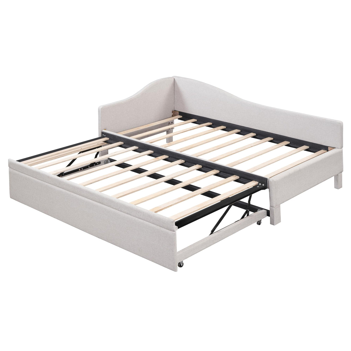 Beige Linen Upholstered Twin Size L-Shaped Daybed with Pop Up Trundle I61256