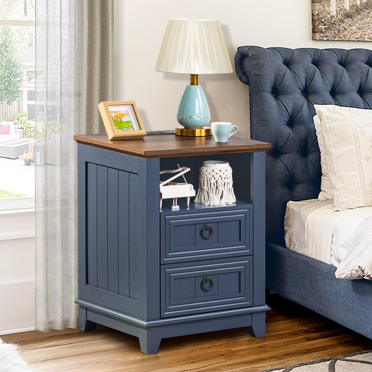 18" Blue Wooden Nightstand Set of 2 with Charging Station A16955
