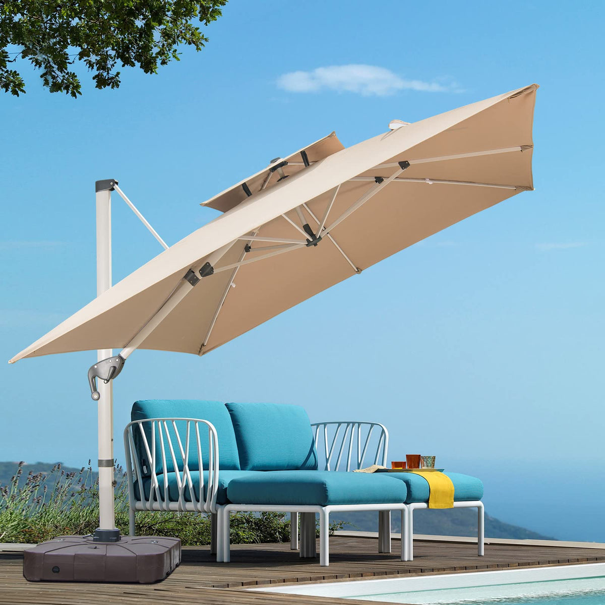 10 FT Square Cantilever Patio Umbrella with Solar LED Lights and Cross Base, Khaki J1313
