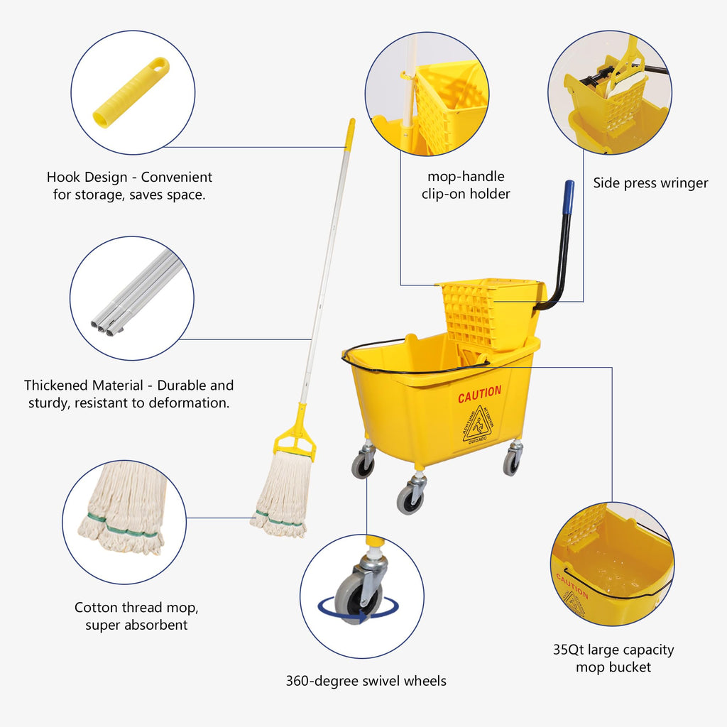 35Qt. Side-Press Mop Bucket and Wringer Combo on Wheels, Yellow V3182
