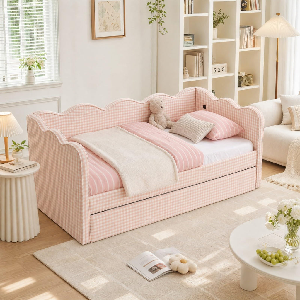 Pink Twin Size Linen Upholstered Daybed with Trundle A4186