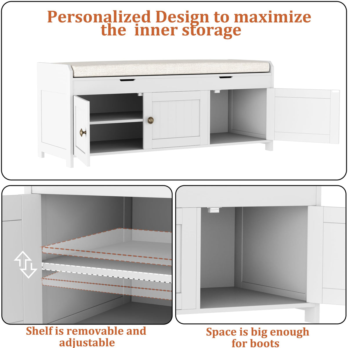 White Lift Top Storage Shoe Bench with Cushioned Seat D5076