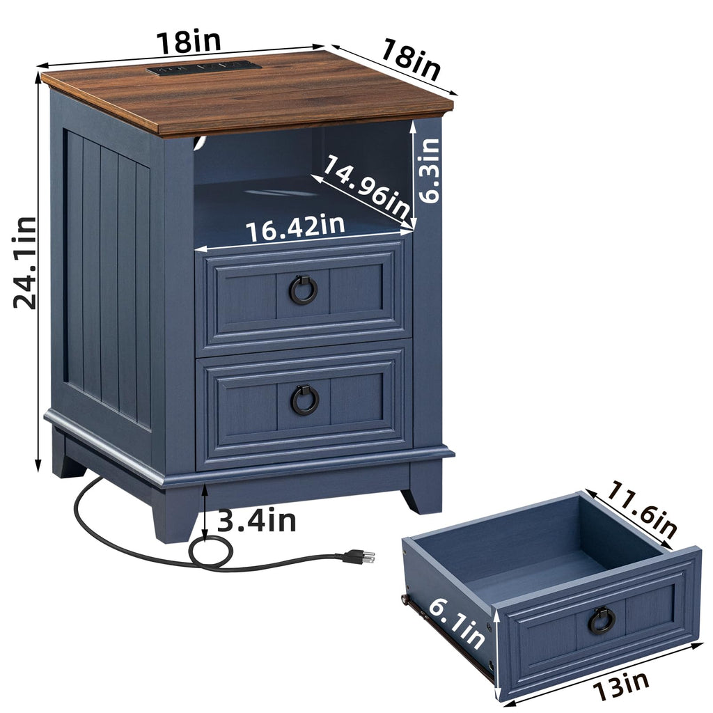 18" Blue Wooden Nightstand Set of 2 with Charging Station A16955