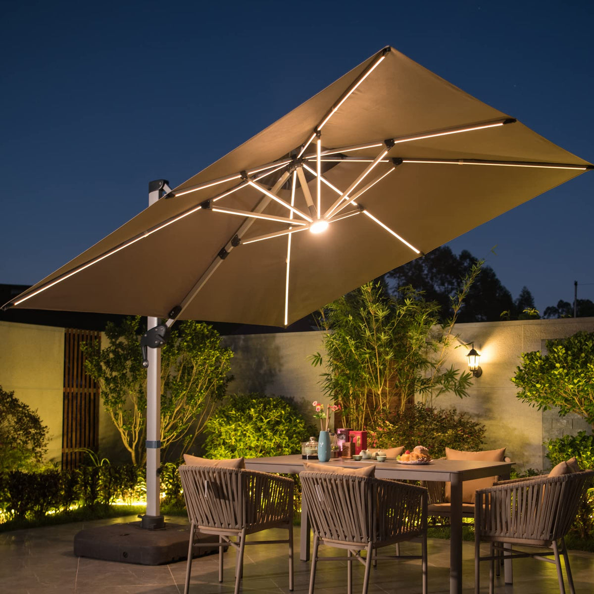 10 FT Square Cantilever Patio Umbrella with Solar LED Lights and Cross Base, Khaki J1313