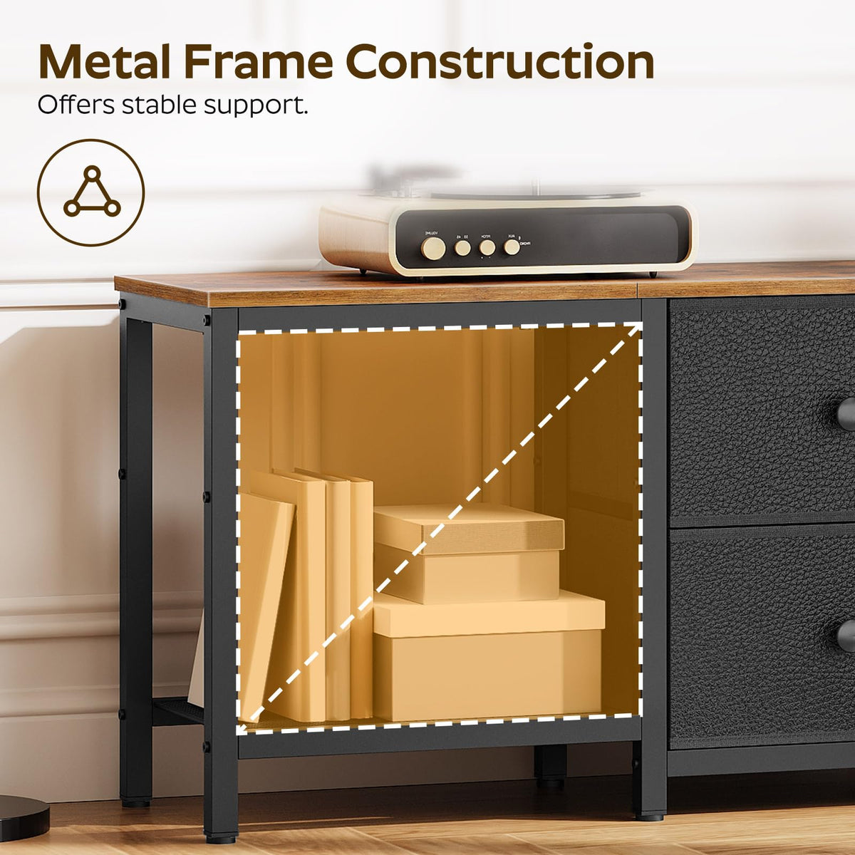 Rustic Brown and Black TV Stand with 2 Fabric Drawer B6866
