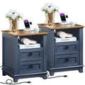 18" Blue Wooden Nightstand Set of 2 with Charging Station A16955