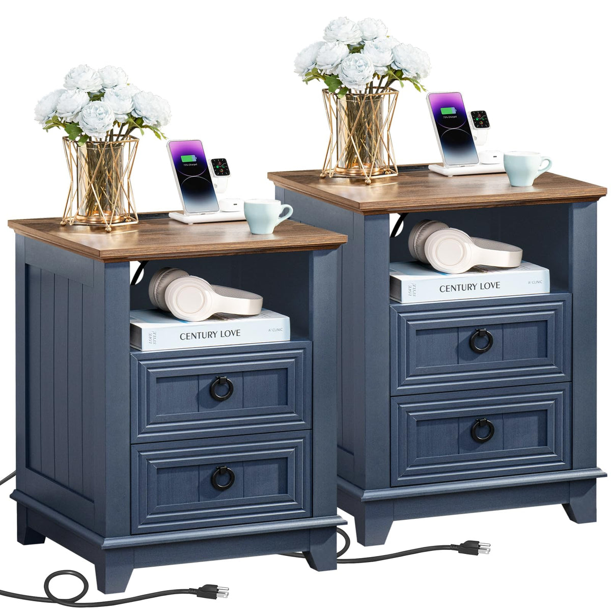 18" Blue Wooden Nightstand Set of 2 with Charging Station A16955