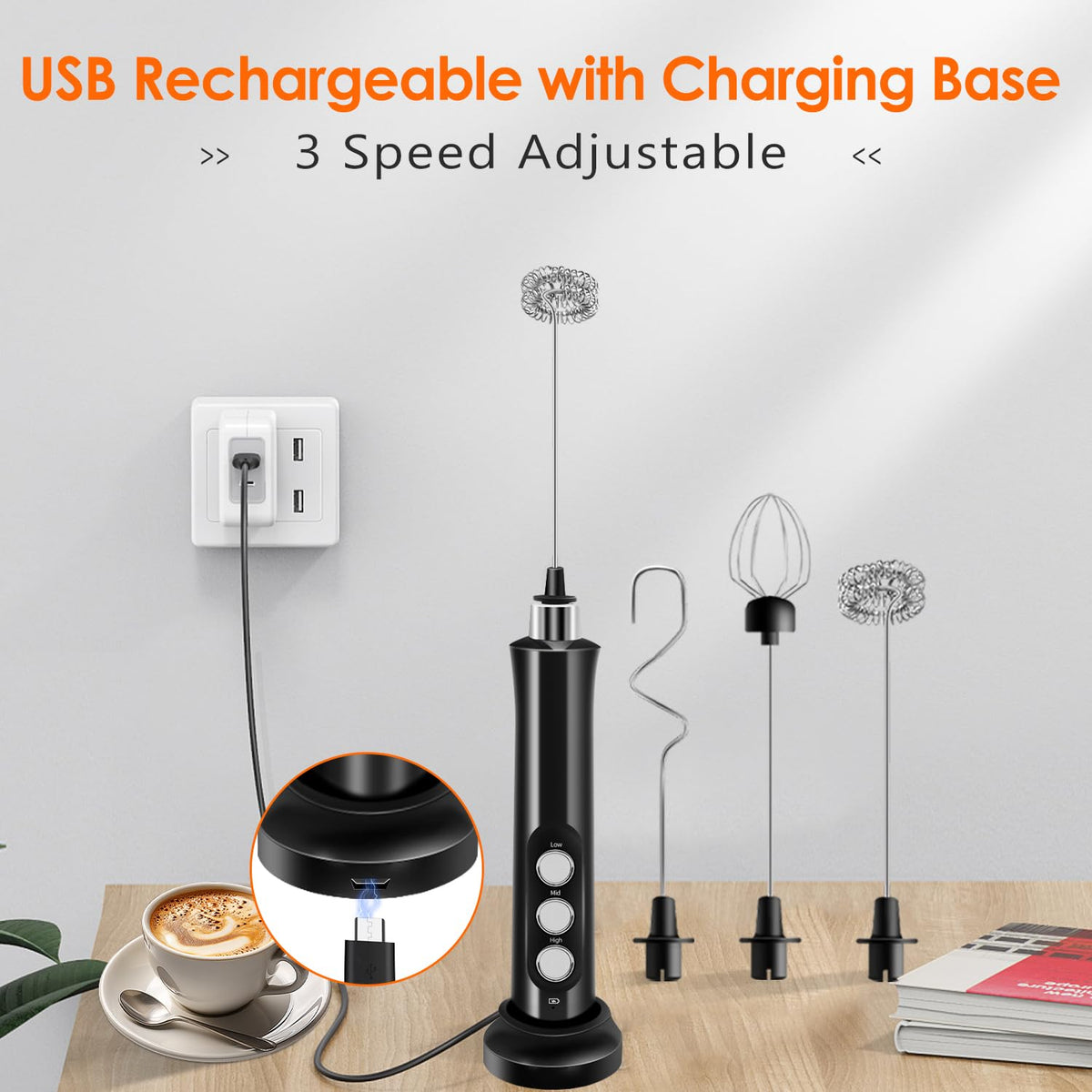 Rechargeable Handheld Milk Frother with 3 Stainless Steel Whisks Q96199