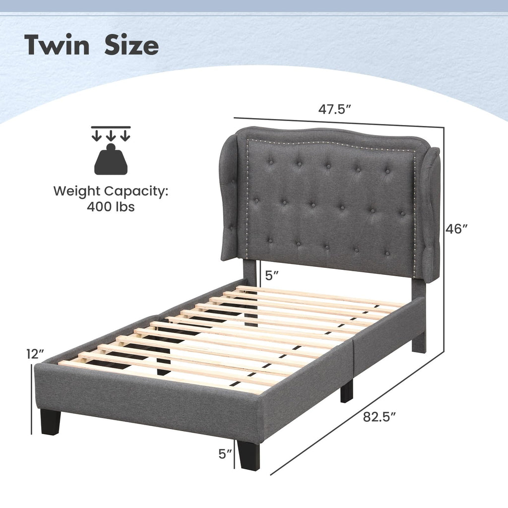 Grey Linen Upholstered Twin Bed Frame with Headboard D75497