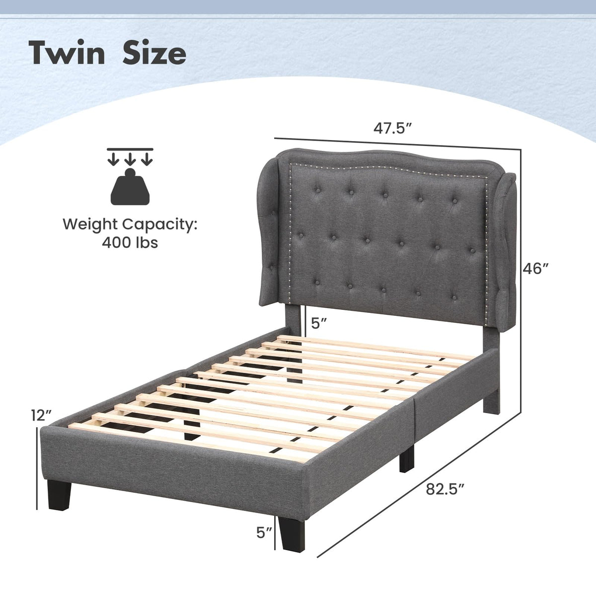 Grey Linen Upholstered Twin Bed Frame with Headboard D75497