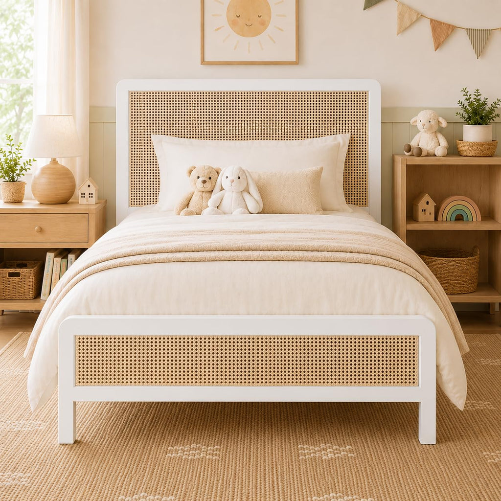 White Rattan Twin Bed Frame with Headboard L35811