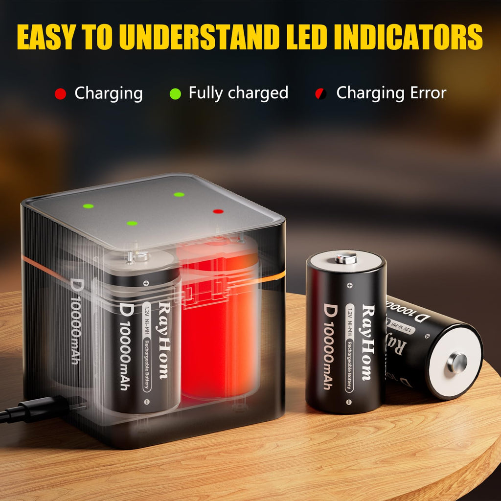 4 Pack 10000mAh Rechargeable D NiMH Batteries with 4 Slot Charger L7837