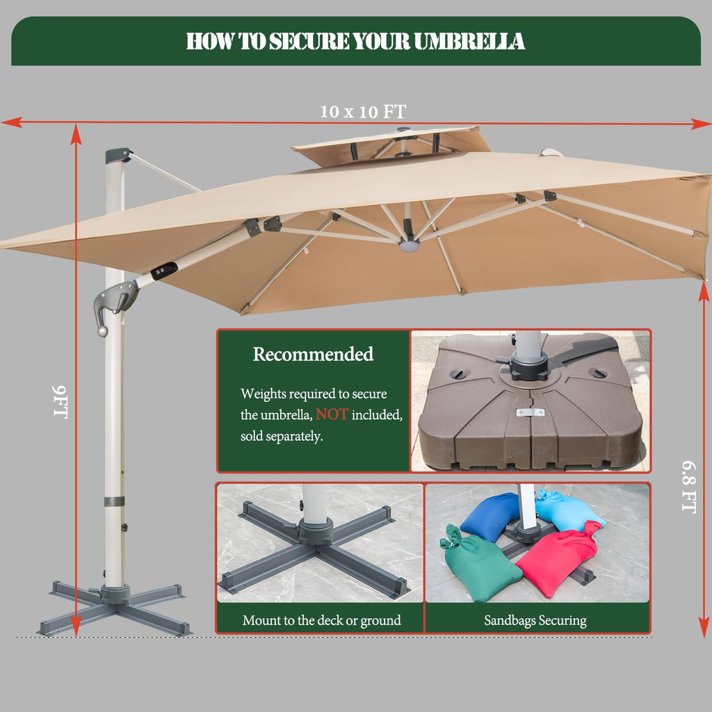 10 FT Square Cantilever Patio Umbrella with Solar LED Lights and Cross Base, Khaki J1313