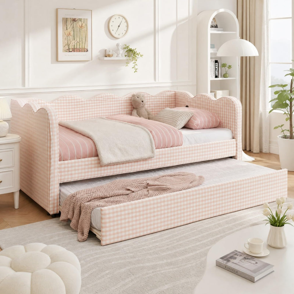 Pink Twin Size Linen Upholstered Daybed with Trundle A4186