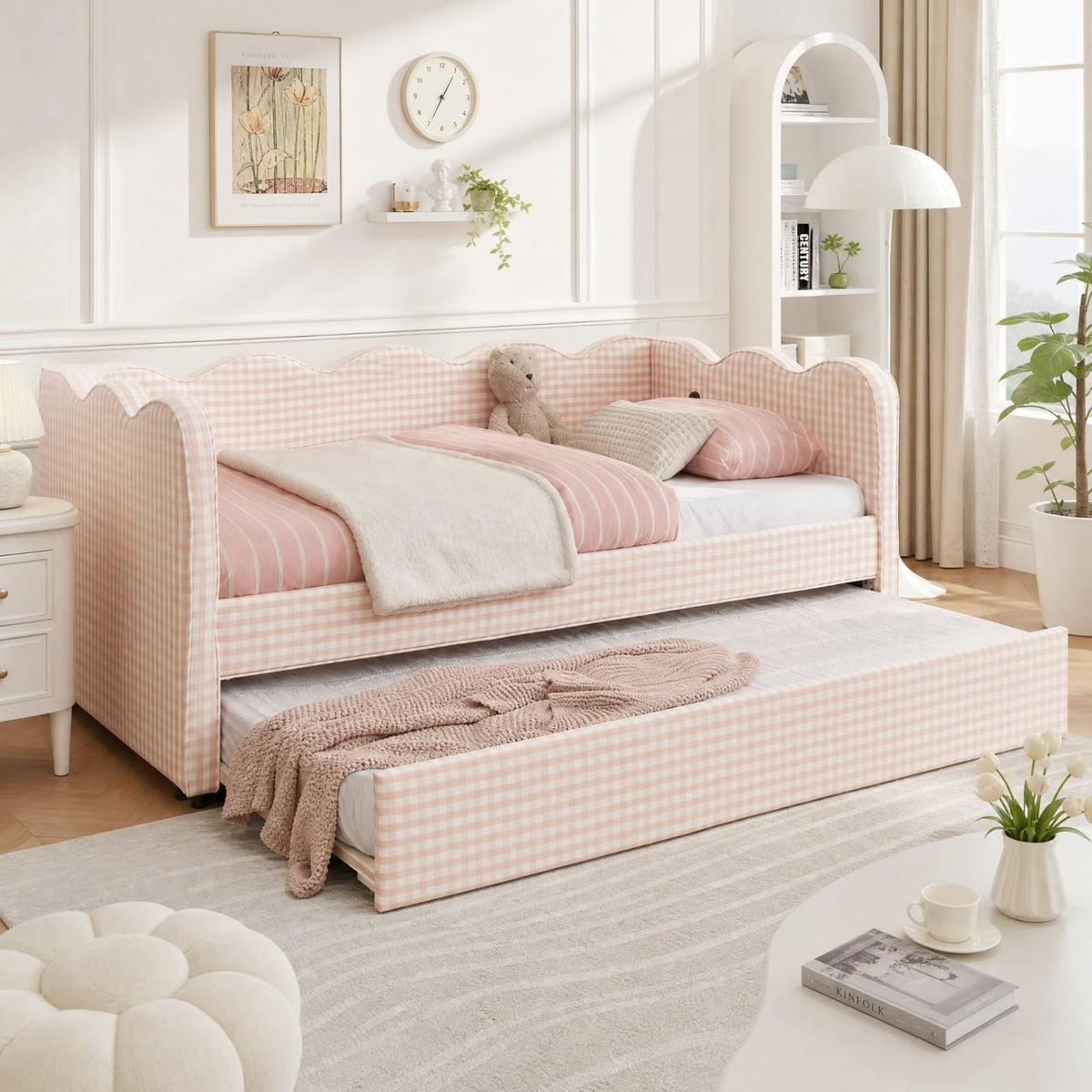 Pink Twin Size Linen Upholstered Daybed with Trundle A4186